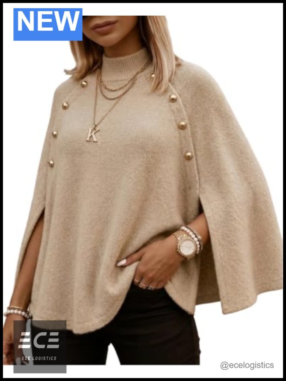 Oversized Knit Cape Sweater with Gold-Tone Button Detail